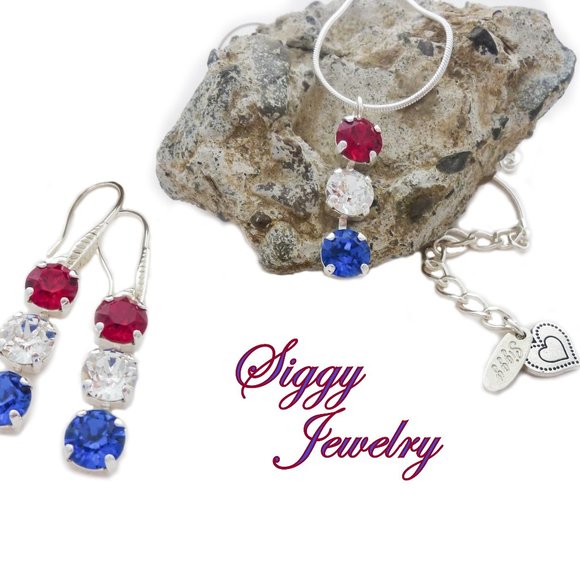 Swarovski Crystal July 4th Dangle Necklace and Earrings, Red White and Blue - Picture 3 of 4